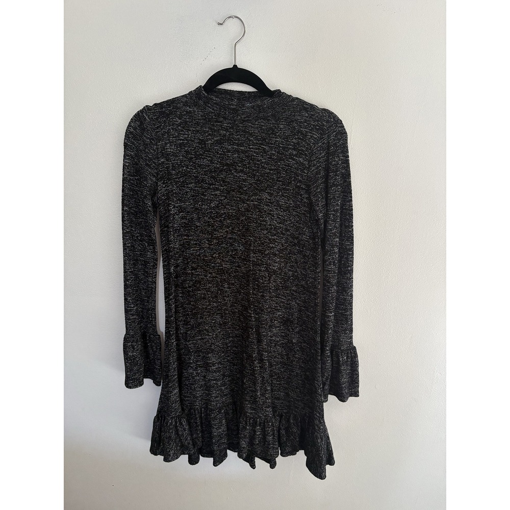 Express Marled Knit Ruffle Hem Mock Neck Dress Womens Small Petite Grey Black